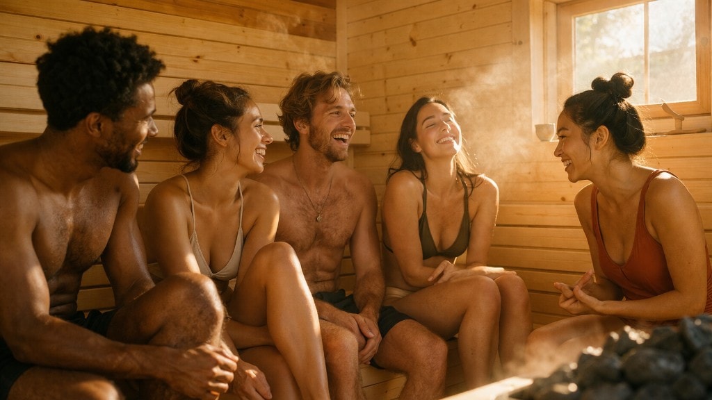 Cinco amigos a conversar numa sauna com luz quente e vapor